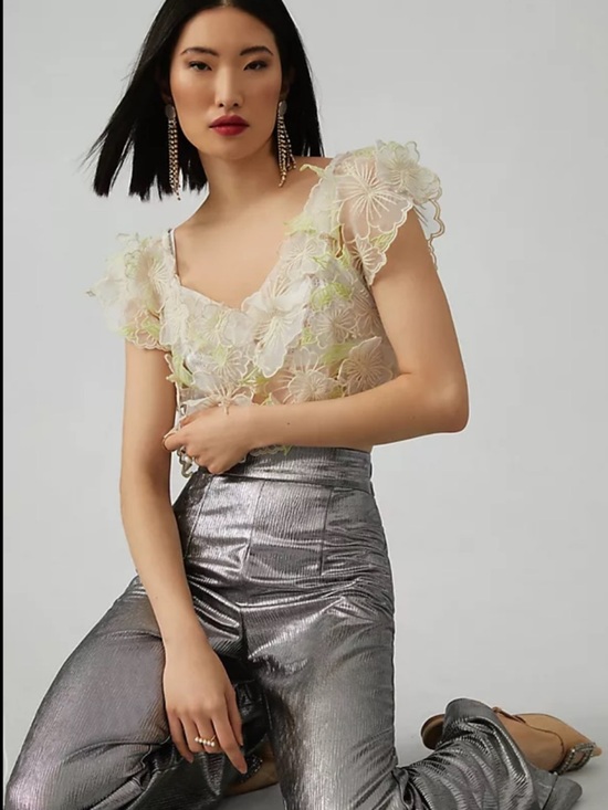 Anthropologie Tops - Anthropologie Sheer Floral Appliqué Crop Top in Ivory and Pale Green